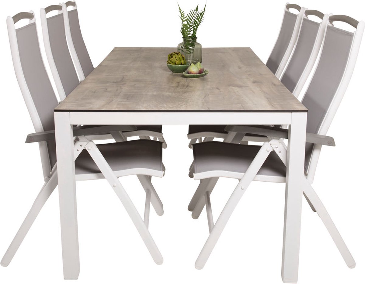 Llama Tuinmeubelset Tafel 100x205cm En 6 Stoel 5pos Albany, Grijs, Crèmekleur. - Wit