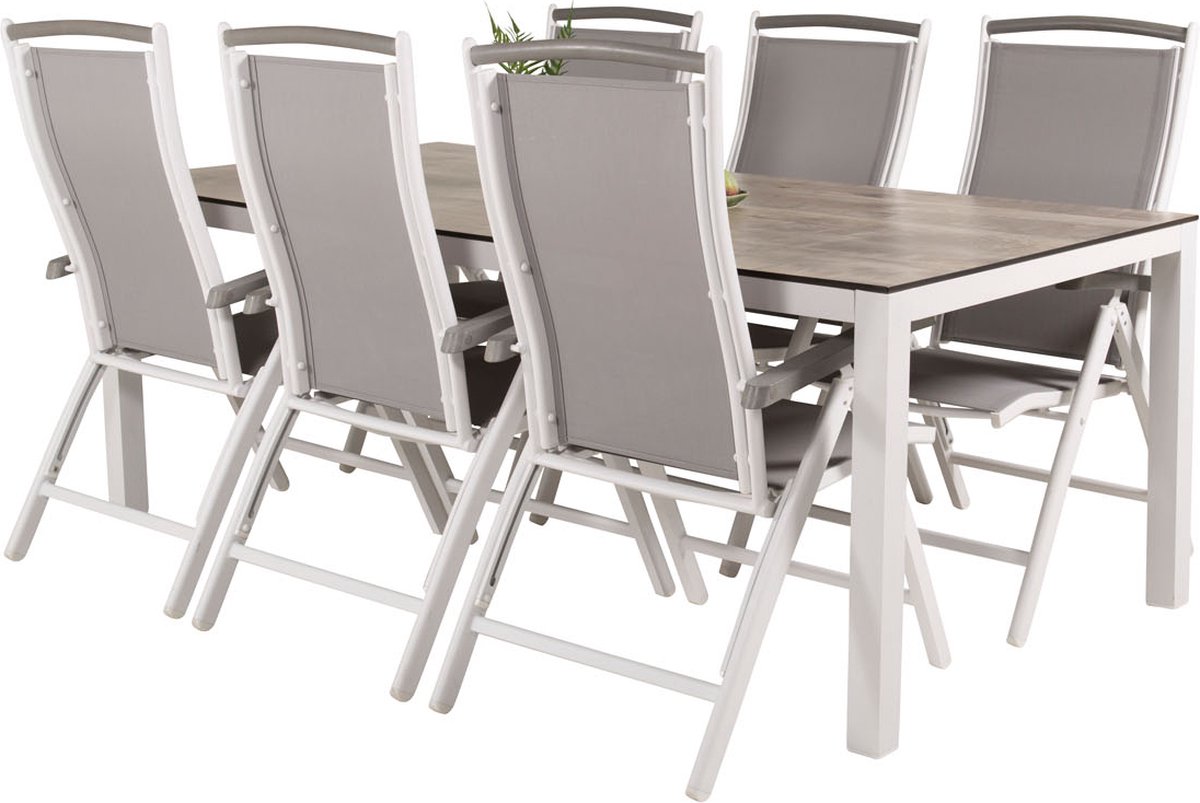 Llama Tuinmeubelset Tafel 100x205cm En 6 Stoel 5pos Albany, Grijs, Crèmekleur. - Wit