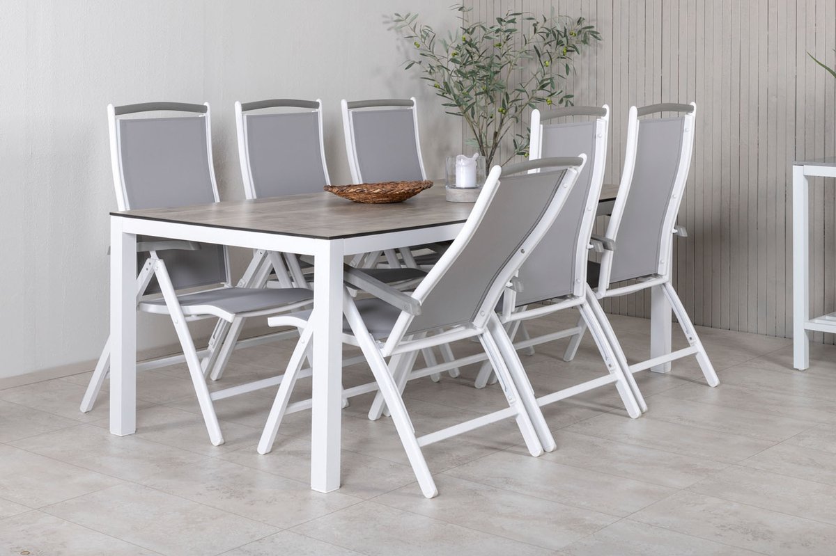 Llama Tuinmeubelset Tafel 100x205cm En 6 Stoel 5pos Albany, Grijs, Crèmekleur. - Wit