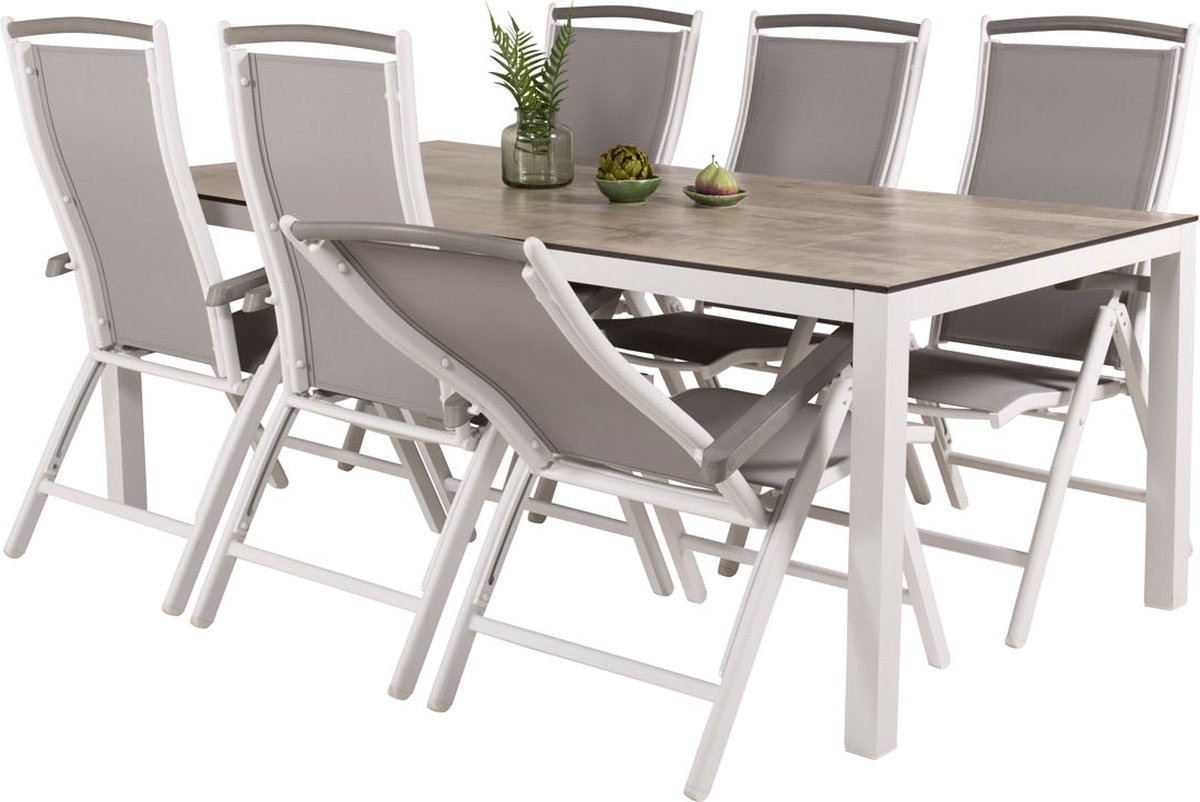 Llama Tuinmeubelset Tafel 100x205cm En 6 Stoel 5pos Albany, Grijs, Crèmekleur. - Wit