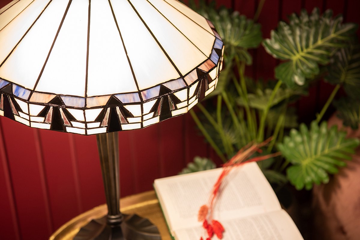 Clayre & Eef Lumilamp Tiffany Tafellamp Ø 41*63 Cm, Blauw Glas, Kunststof Rond Tiffany Bureaulamp Tiffany Lampen Tiffany - Wit