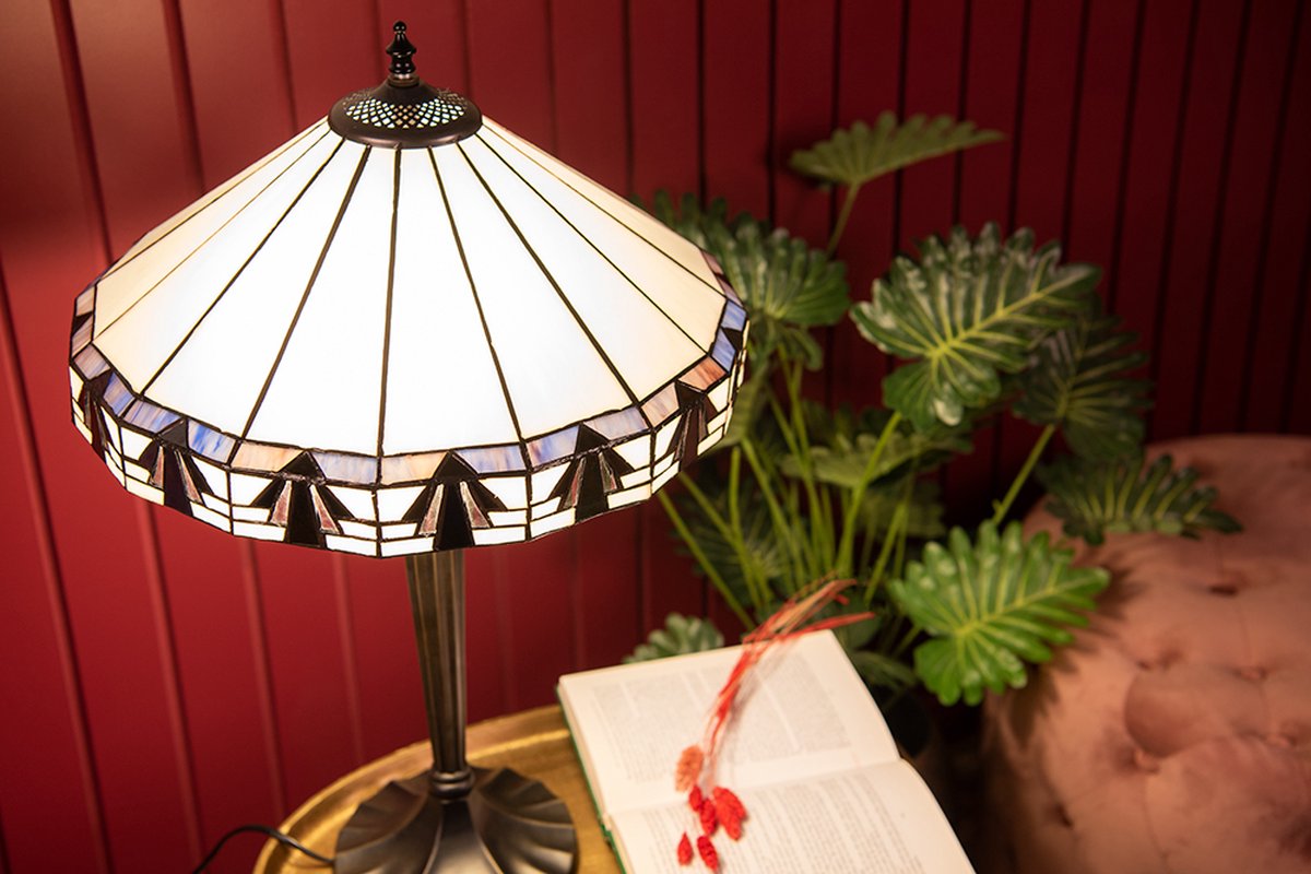 Clayre & Eef Lumilamp Tiffany Tafellamp Ø 41*63 Cm, Blauw Glas, Kunststof Rond Tiffany Bureaulamp Tiffany Lampen Tiffany - Wit