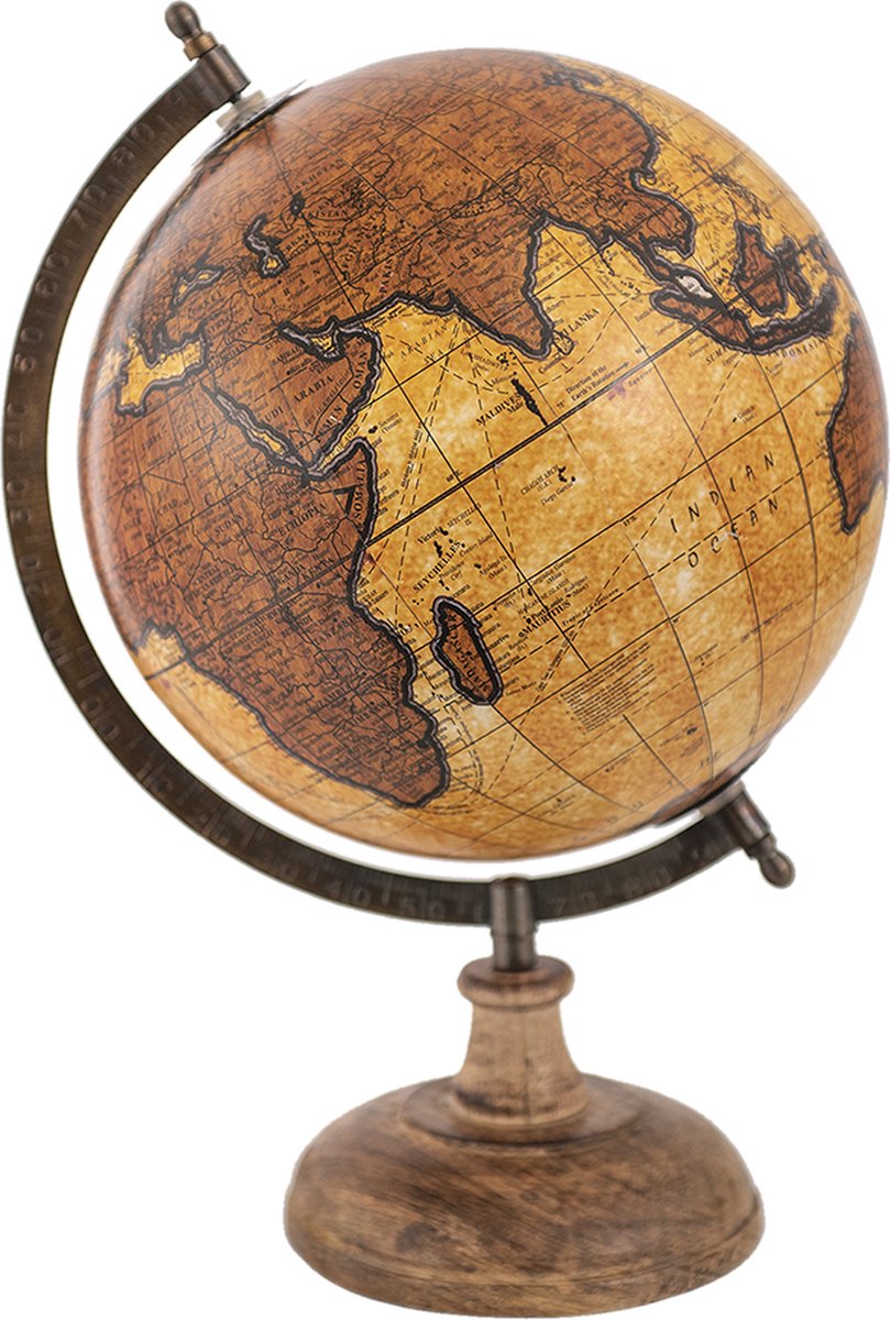 Clayre & Eef Wereldbol Decoratie 22*22*37 Cm, Beige Hout, Metaal De Wereld Globe Aardbol Globe Aardbol - Bruin