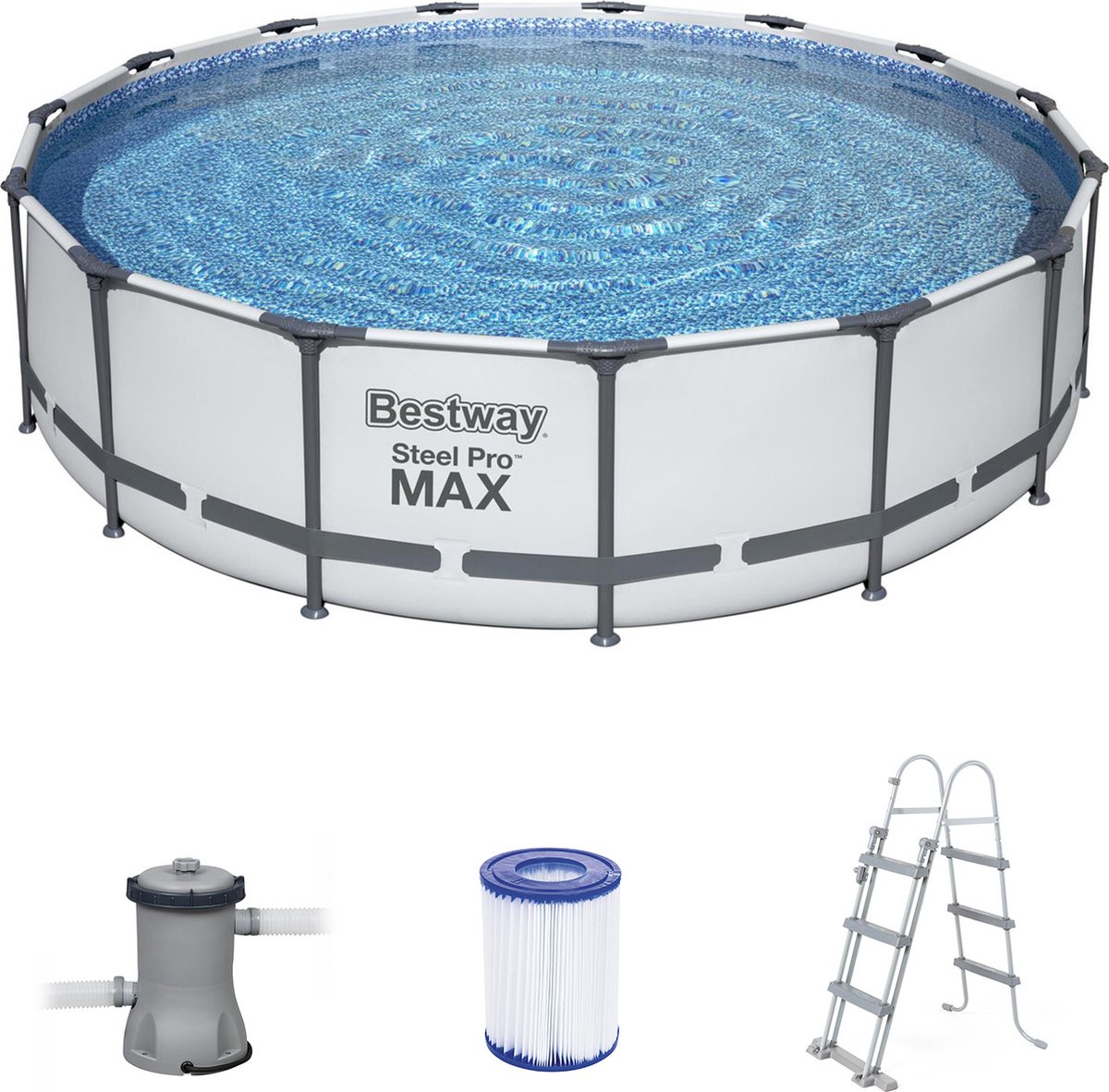 Bestway Steel Pro Max Tubular Bovengronds Zwembad 457x107cm 3028 L / H Cartridge Scrubber Zeildoek En Ladder - Grijs
