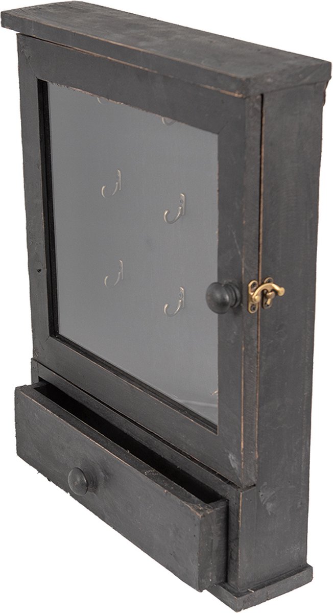 Clayre & Eef Sleutelkastje 36*9*47 Cm Hout Glas Sleutelhouder Sleutelrekje Sleutelhouder Sleutelrekje - Zwart