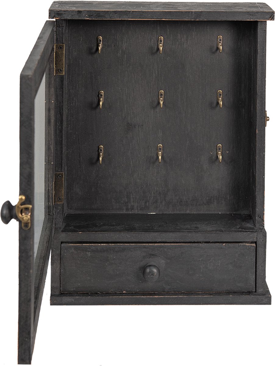 Clayre & Eef Sleutelkastje 36*9*47 Cm Hout Glas Sleutelhouder Sleutelrekje Sleutelhouder Sleutelrekje - Zwart