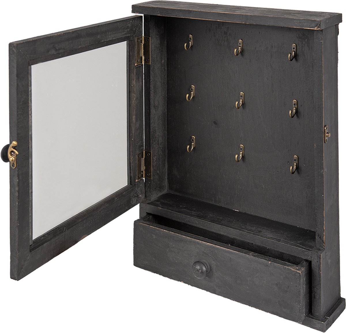 Clayre & Eef Sleutelkastje 36*9*47 Cm Hout Glas Sleutelhouder Sleutelrekje Sleutelhouder Sleutelrekje - Zwart