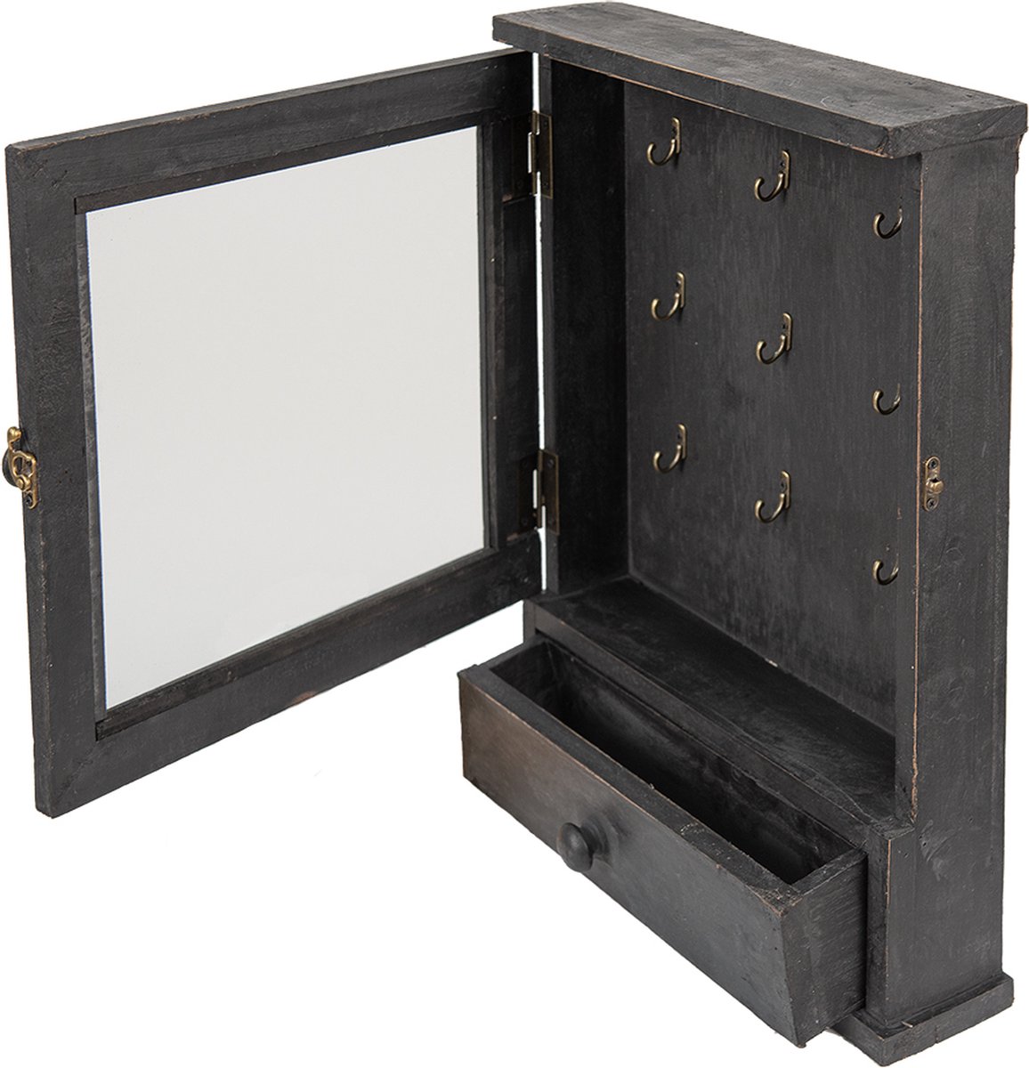 Clayre & Eef Sleutelkastje 36*9*47 Cm Hout Glas Sleutelhouder Sleutelrekje Sleutelhouder Sleutelrekje - Zwart
