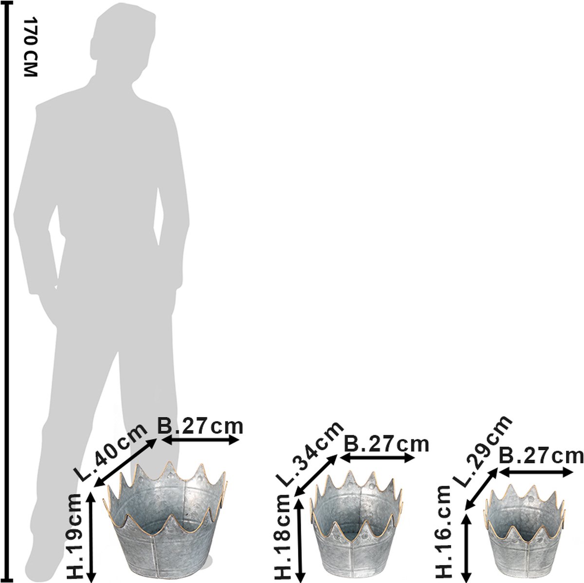 Clayre & Eef Planthouder Set Van 3 40*27*19 / 34*23*18 / 29*22*16 Cm Metaal Ovaal Bloempot Decoratie Pot - Grijs