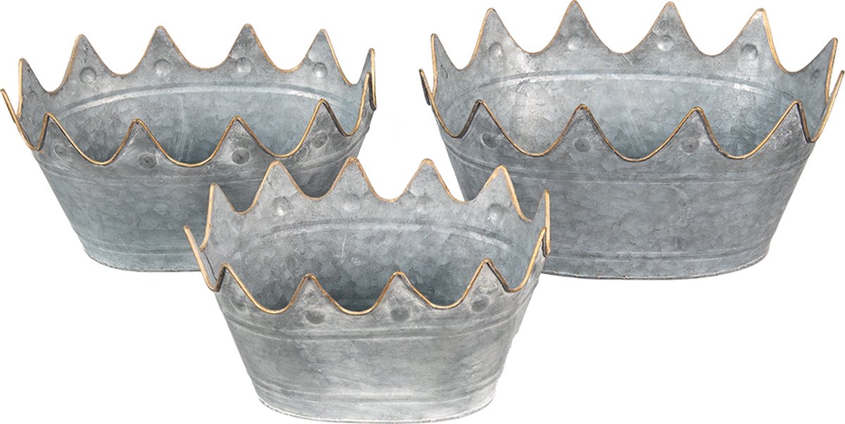 Clayre & Eef Planthouder Set Van 3 40*27*19 / 34*23*18 / 29*22*16 Cm Metaal Ovaal Bloempot Decoratie Pot - Grijs