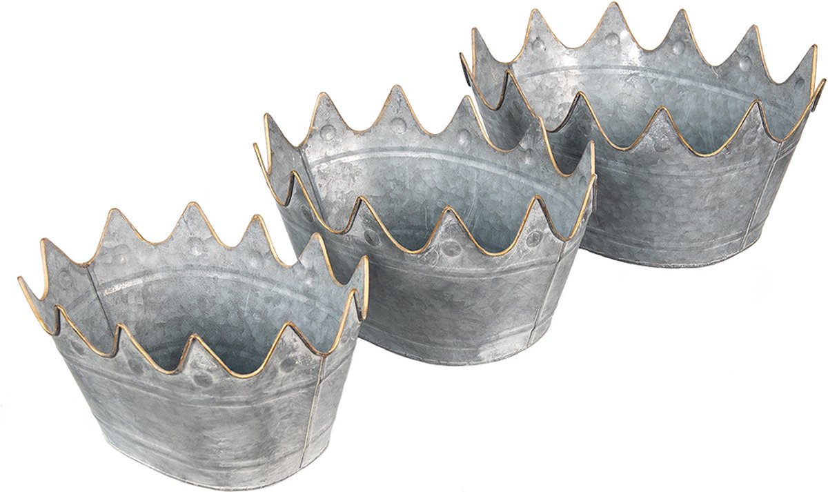 Clayre & Eef Planthouder Set Van 3 40*27*19 / 34*23*18 / 29*22*16 Cm Metaal Ovaal Bloempot Decoratie Pot - Grijs