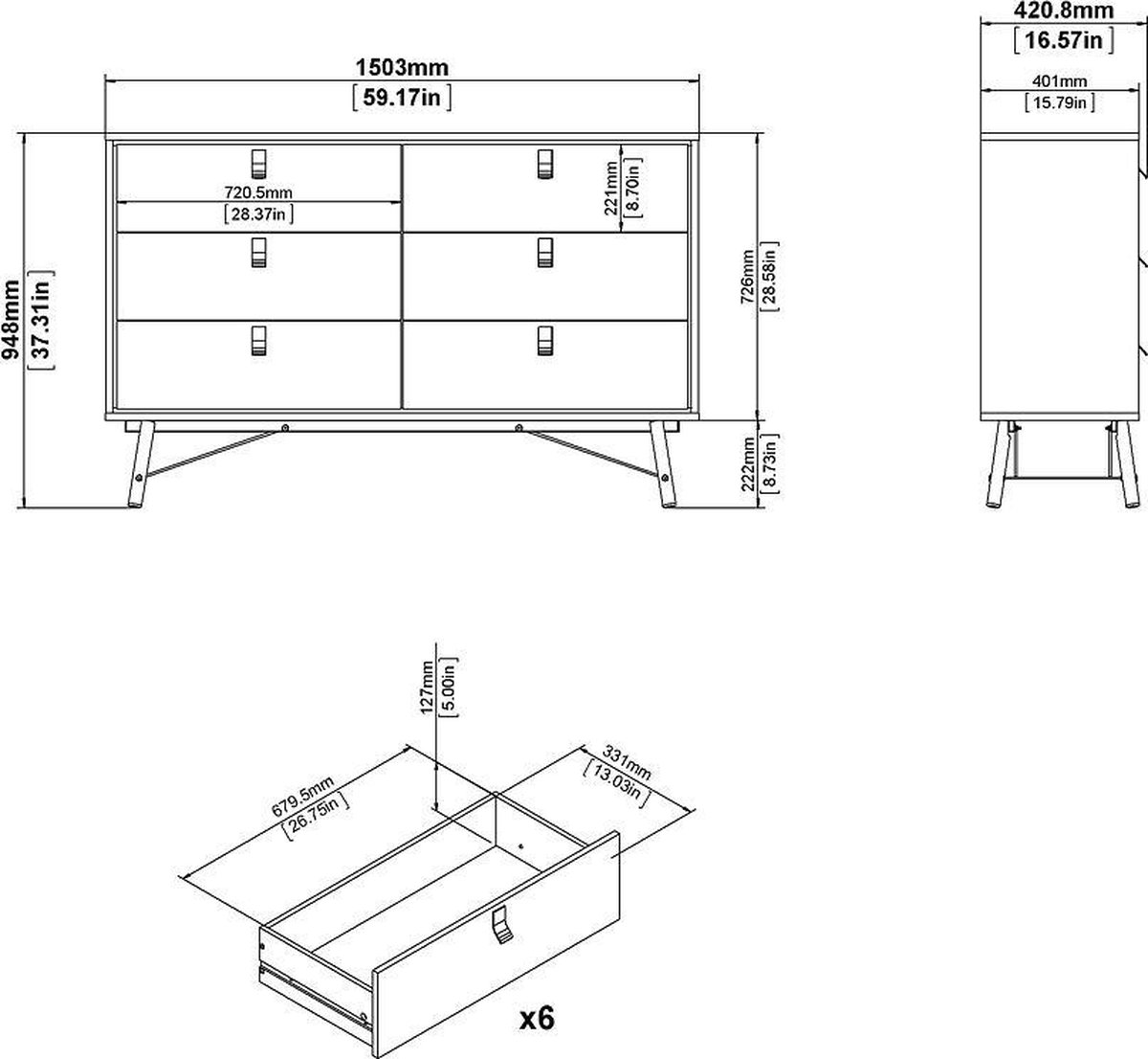 Rye Ladekast Breed 6 Laden Mat, Walnoot Decor. - Zwart