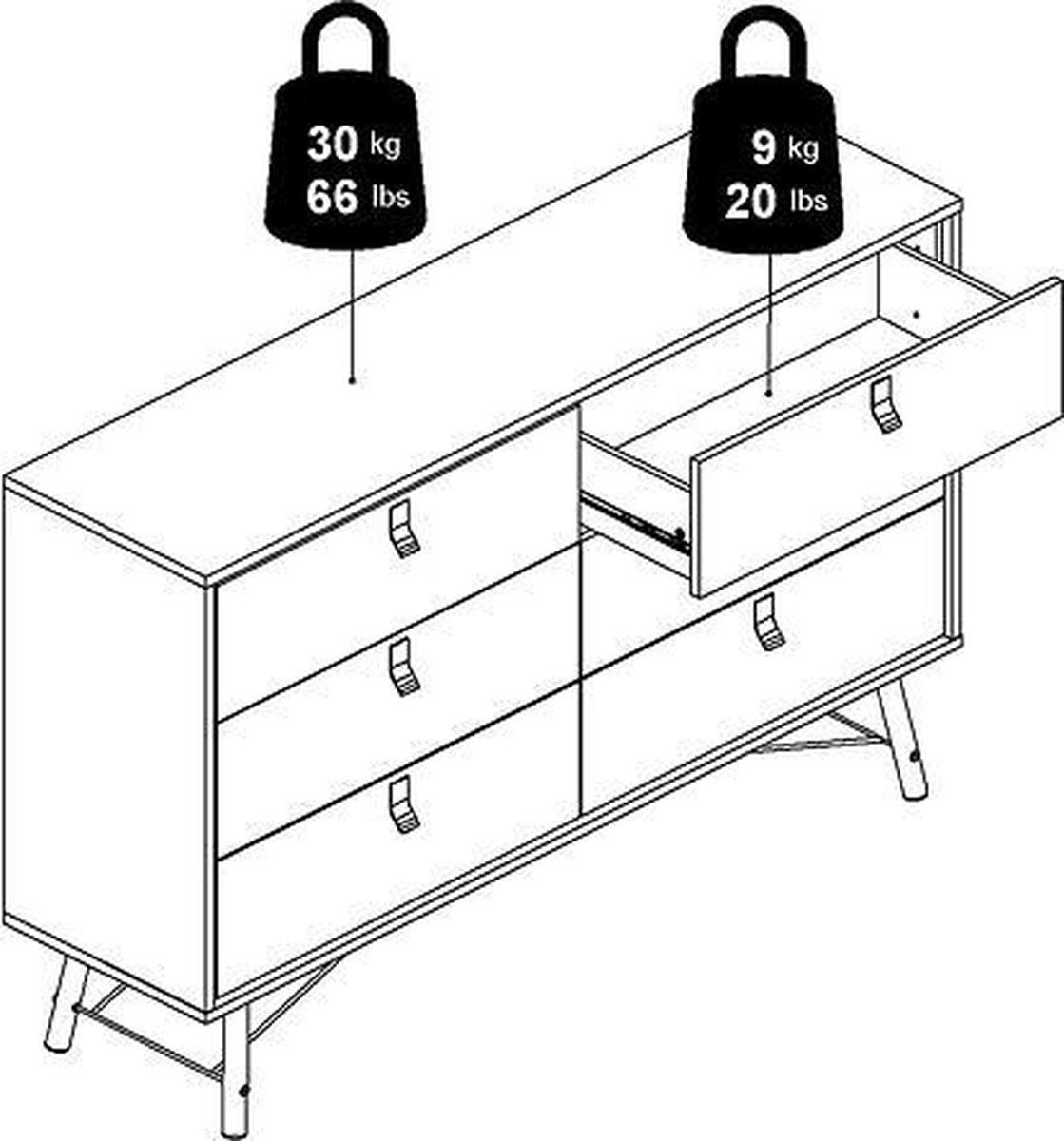 Rye Ladekast Breed 6 Laden Mat, Walnoot Decor. - Zwart
