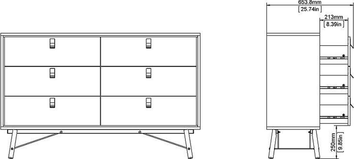 Rye Ladekast Breed 6 Laden Mat, Walnoot Decor. - Zwart