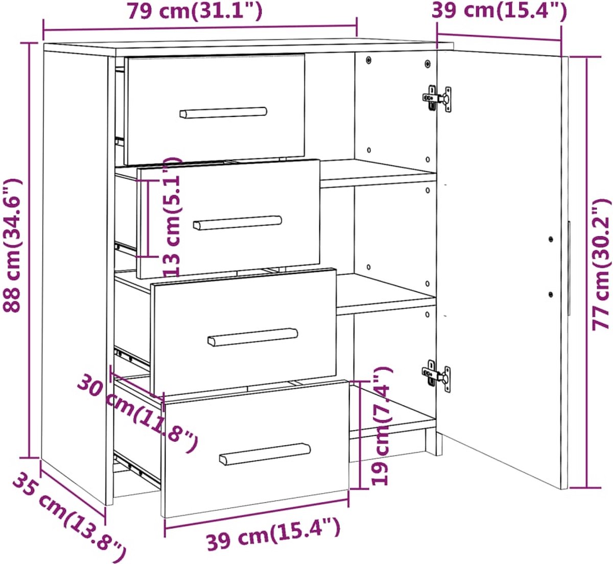 Vidaxl Dressoir 79x35x88 Spaanplaateikenkleurig - Bruin