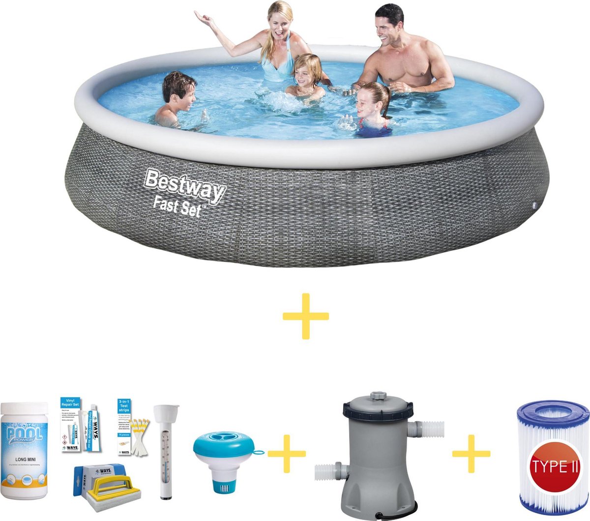 Bestway Zwembad - Fast Set - 396 X 84 Cm - Inclusief Ways Onderhoudspakket, Filterpomp & Filter - Grijs