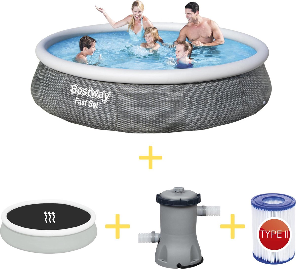 Bestway Zwembad - Fast Set - 396 X 84 Cm - Inclusief Solarzeil, Filterpomp & Filter - Grijs