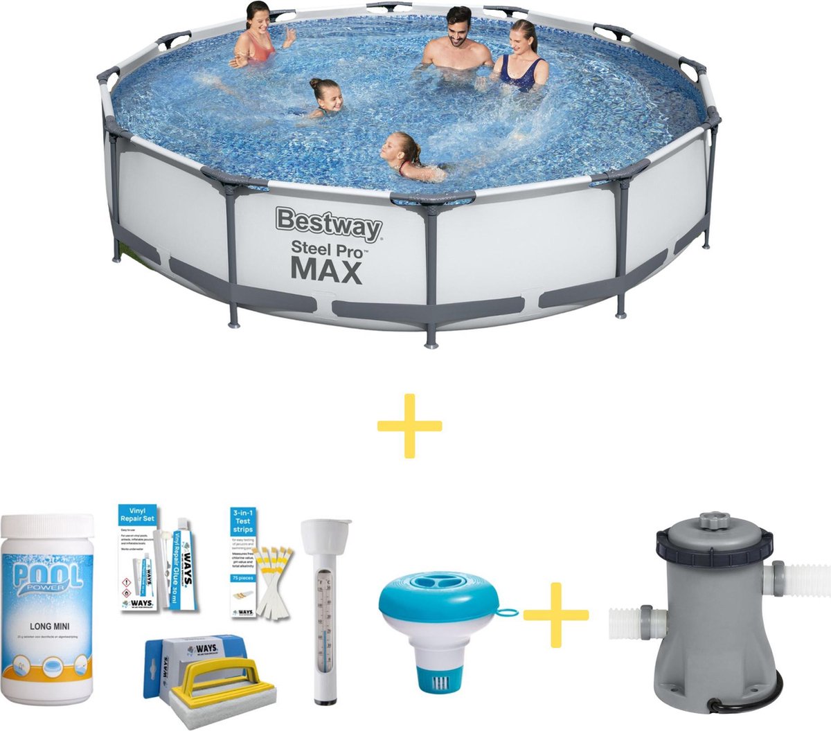 Bestway Zwembad - Steel Pro Max - 366 X 76 Cm - Inclusief Ways Onderhoudspakket, & Filterpomp - Grijs