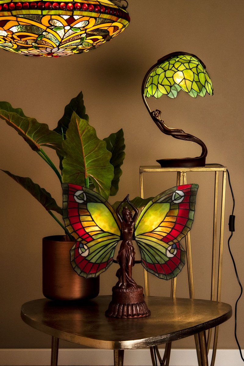 Clayre & Eef Lumilamp Tiffany Tafellamp 41*20*41 Cm 2*e14 / Max 25w Glas In - Rood