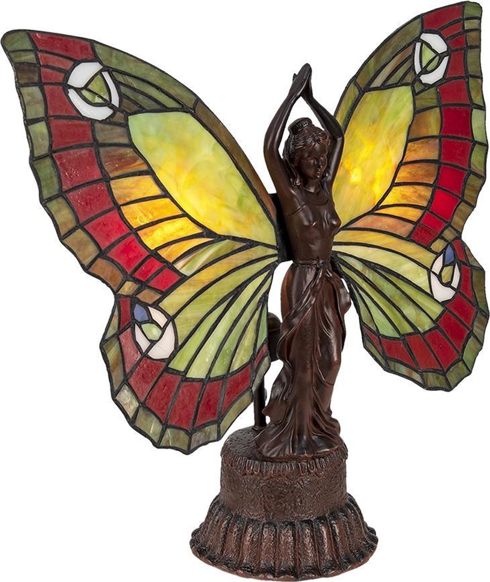Clayre & Eef Lumilamp Tiffany Tafellamp 41*20*41 Cm 2*e14 / Max 25w Glas In - Rood