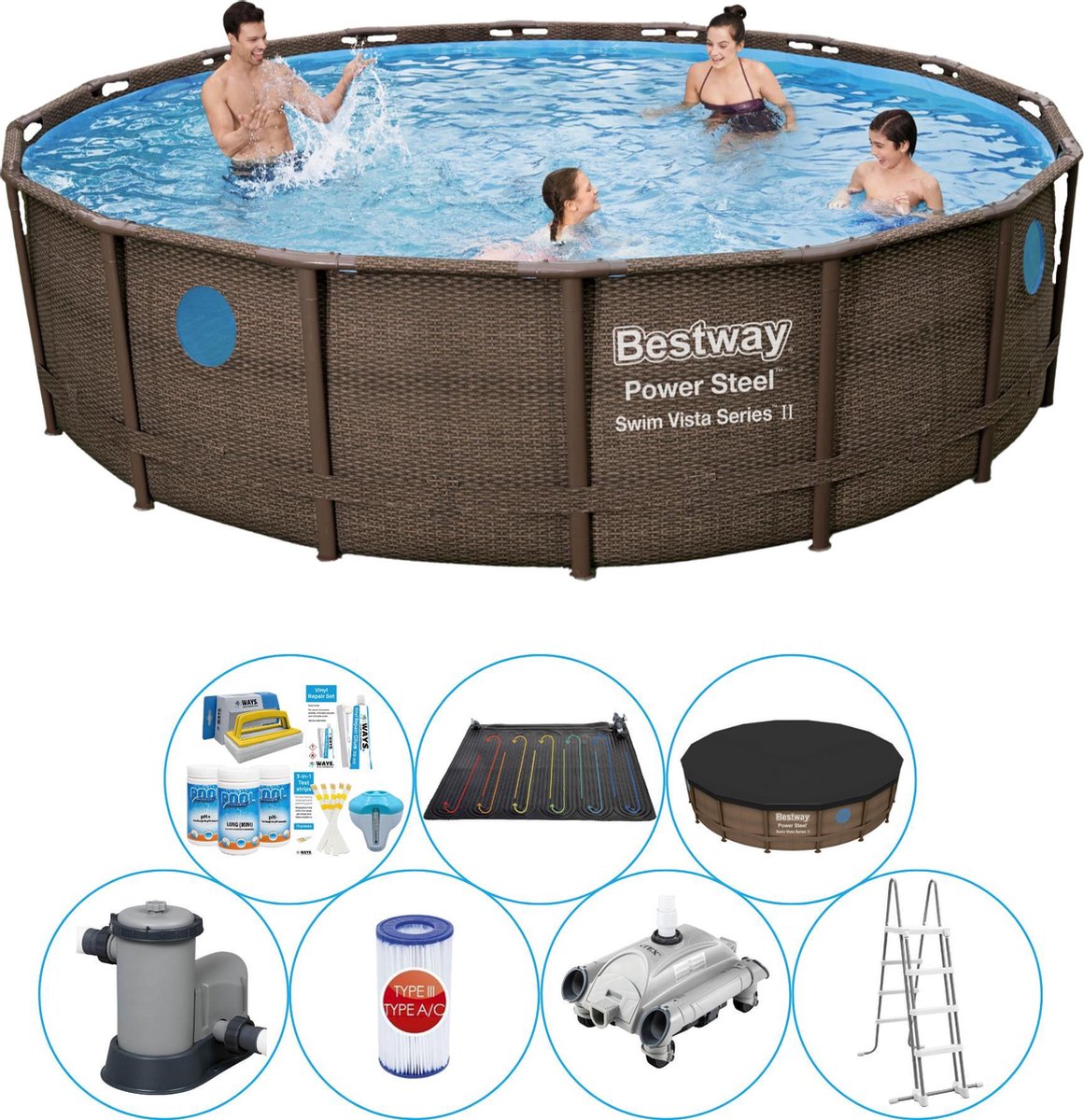 Bestway Power Steel Swim Vista Rond 488x122 Cm - Zwembad Bundel - Bruin