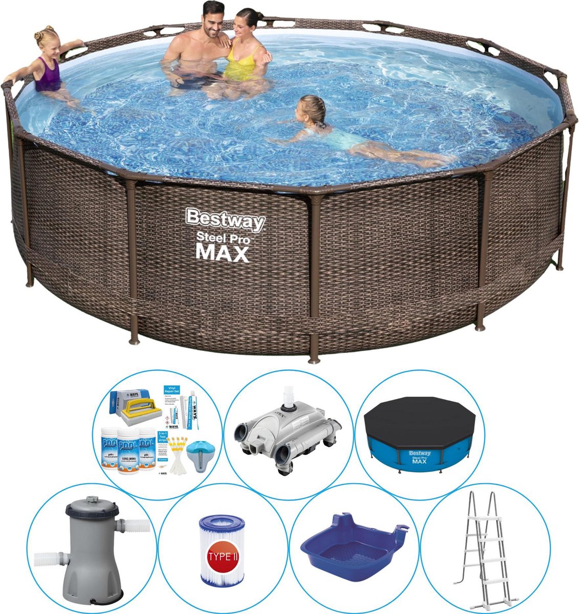 Bestway Steel Pro Max Rattan 366x100 Cm - Zwembad Combinatie Set - Bruin