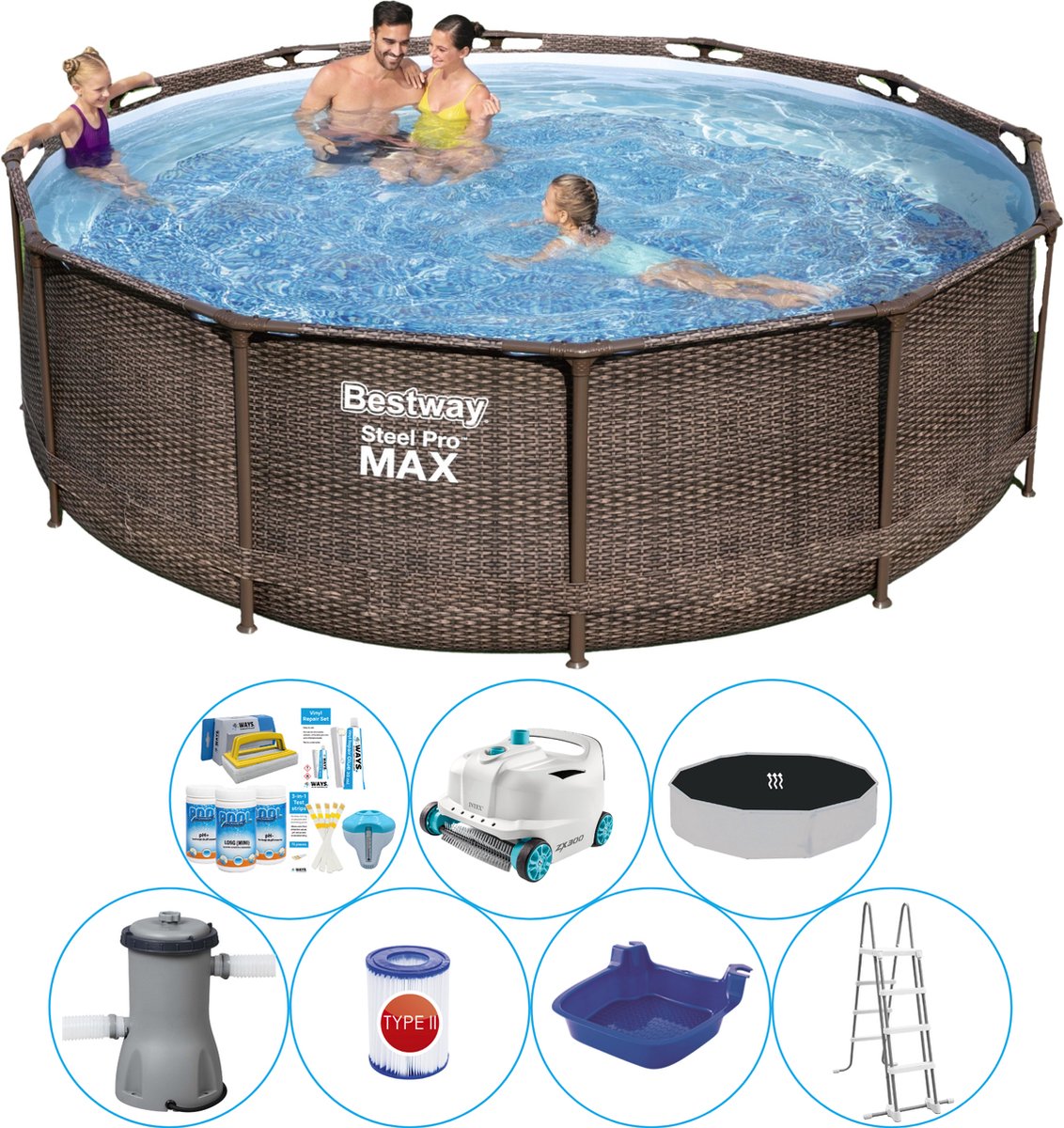 Bestway Zwembad Combinatie Pakket - Steel Pro Max Rattan 366x100 Cm - Bruin