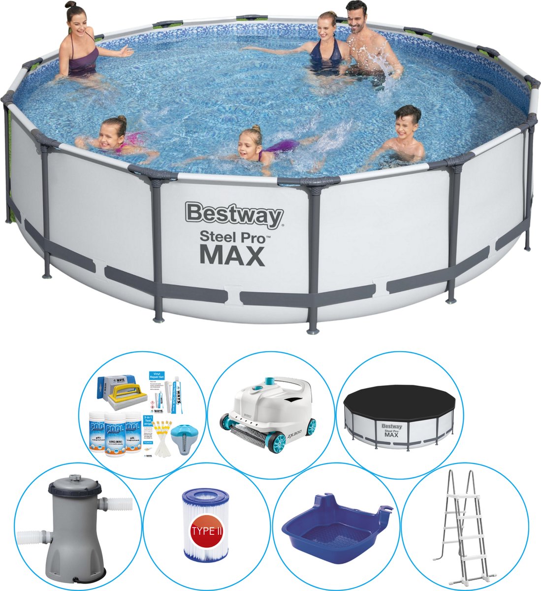 Bestway Steel Pro Max Rond 427x107 Cm - Zwembad Combinatie Pakket - Grijs