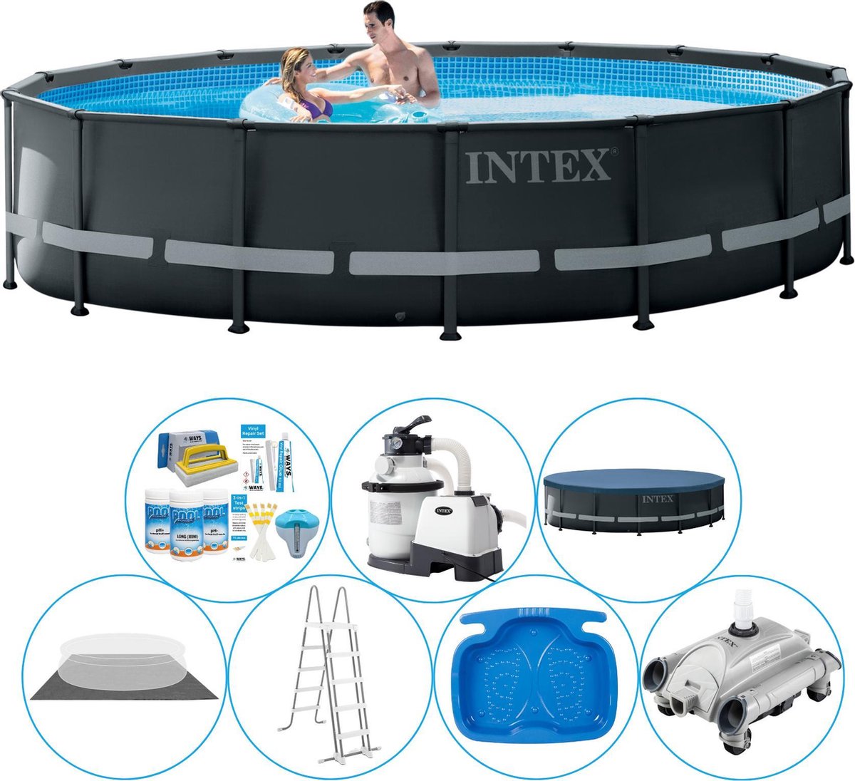 Intex Ultra Xtr Frame Rond 488x122 Cm - Zwembad Bundel - Grijs