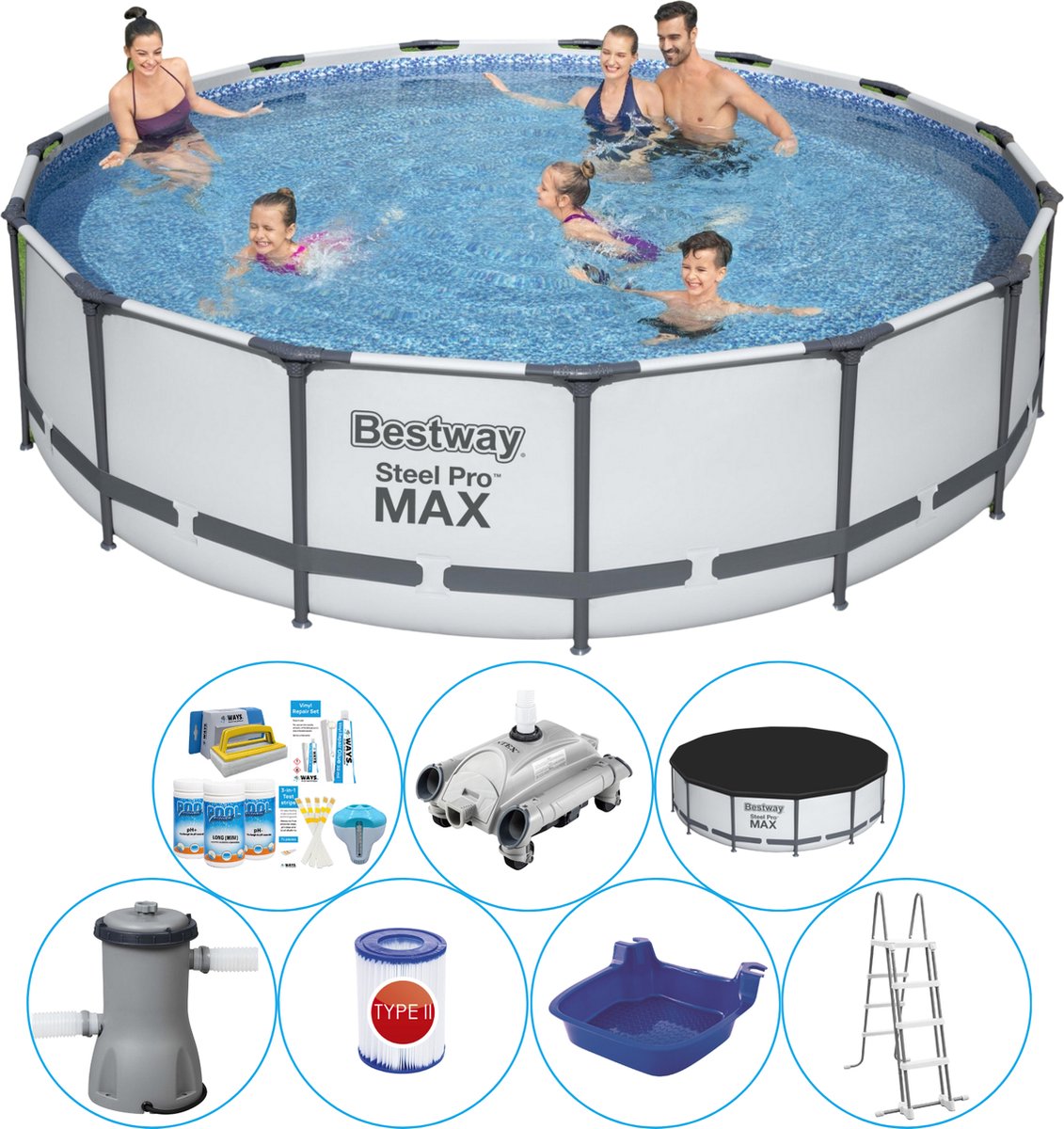 Bestway Steel Pro Max Rond 457x107 Cm - Zwembad Combinatie Set - Grijs