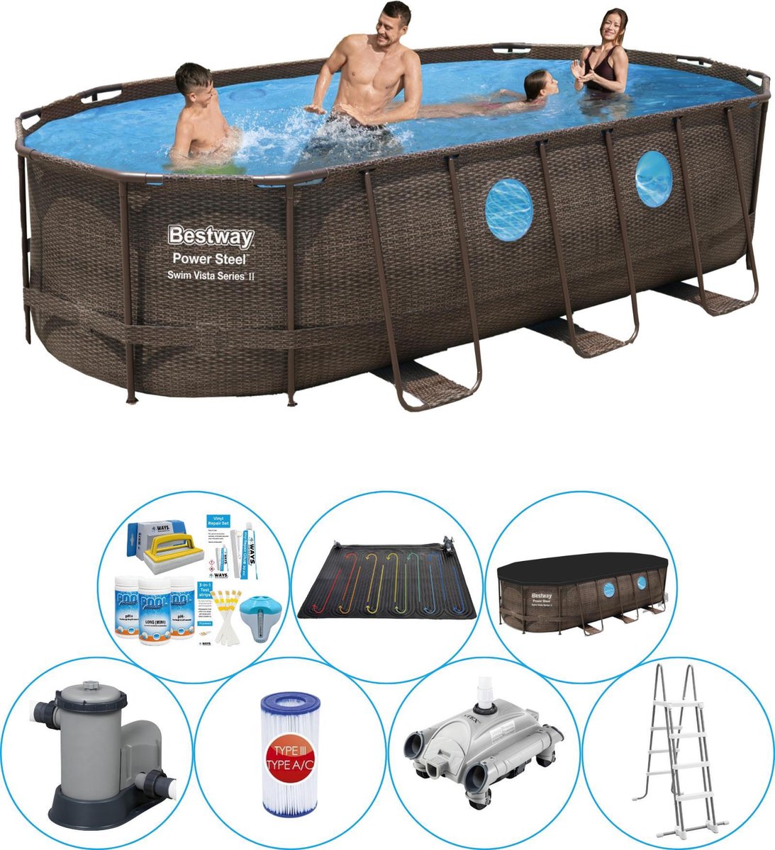 Bestway Power Steel Swim Vista Ovaal 549x274x122 Cm - Zwembad Bundel - Bruin