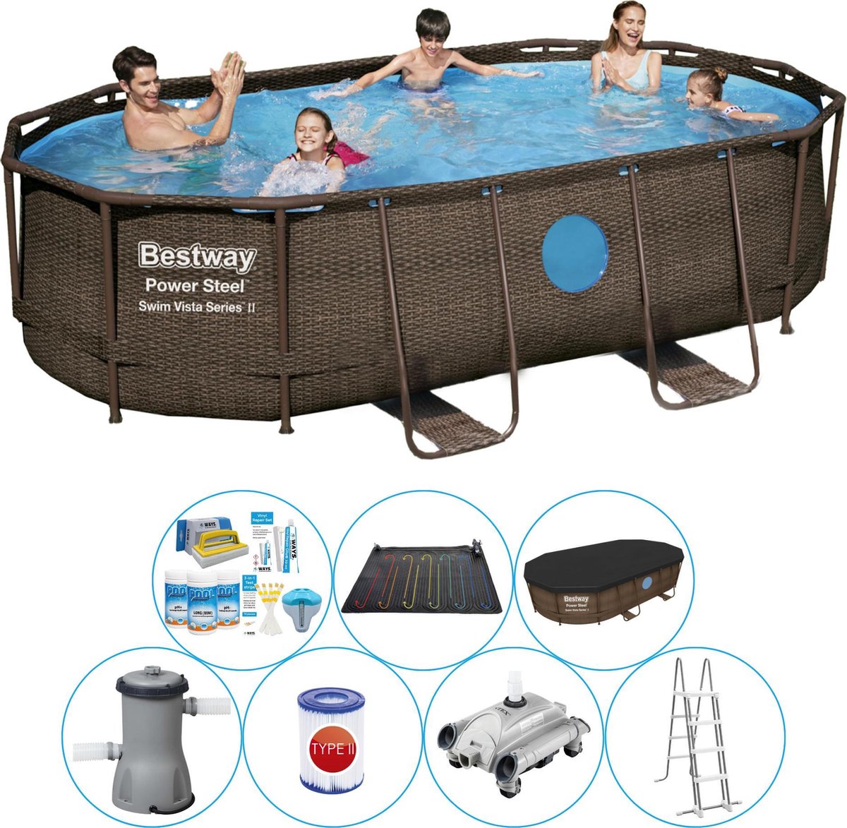 Bestway Power Steel Swim Vista Ovaal 427x250x100 Cm - Zwembad Bundel - Bruin