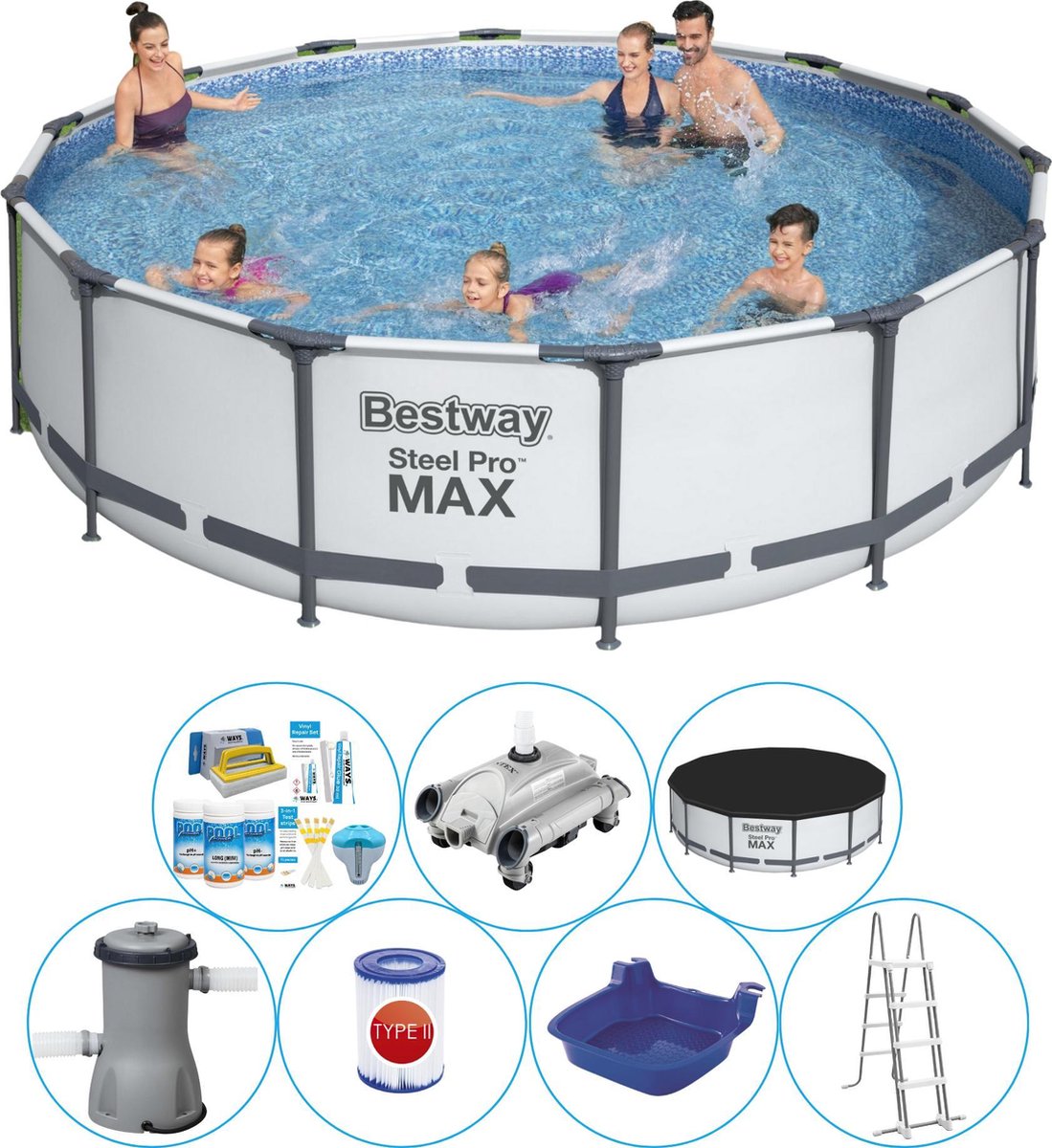 Bestway Steel Pro Max Rond 427x107 Cm - Zwembad Combinatie Set - Grijs