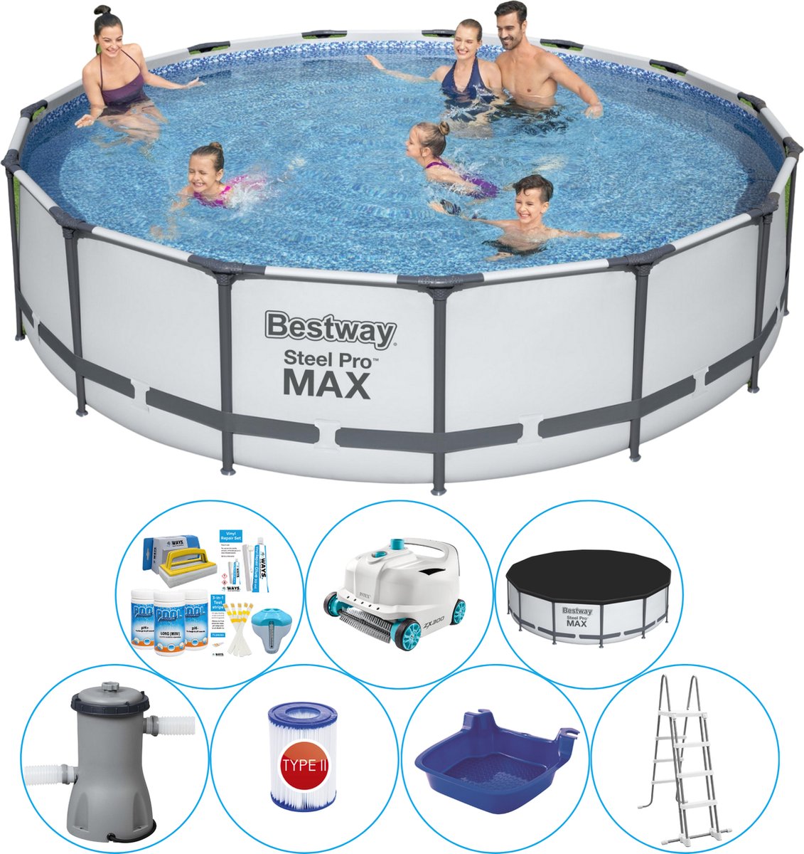 Bestway Steel Pro Max Rond 457x107 Cm - Zwembad Combinatie Pakket - Grijs