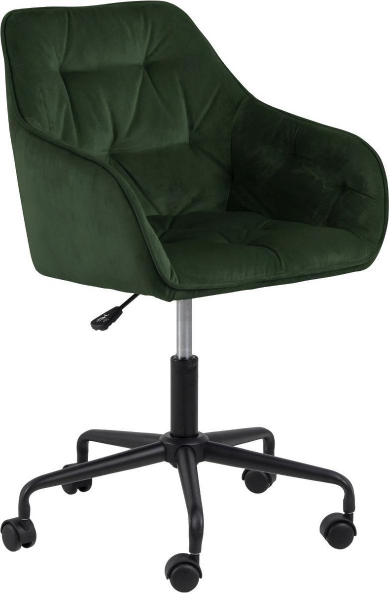 24Designs Shelby Bureaustoel Fluweel - Velvet Bos - Zwart Metaal - 5-teens Kruispoot Op Wielen - Groen