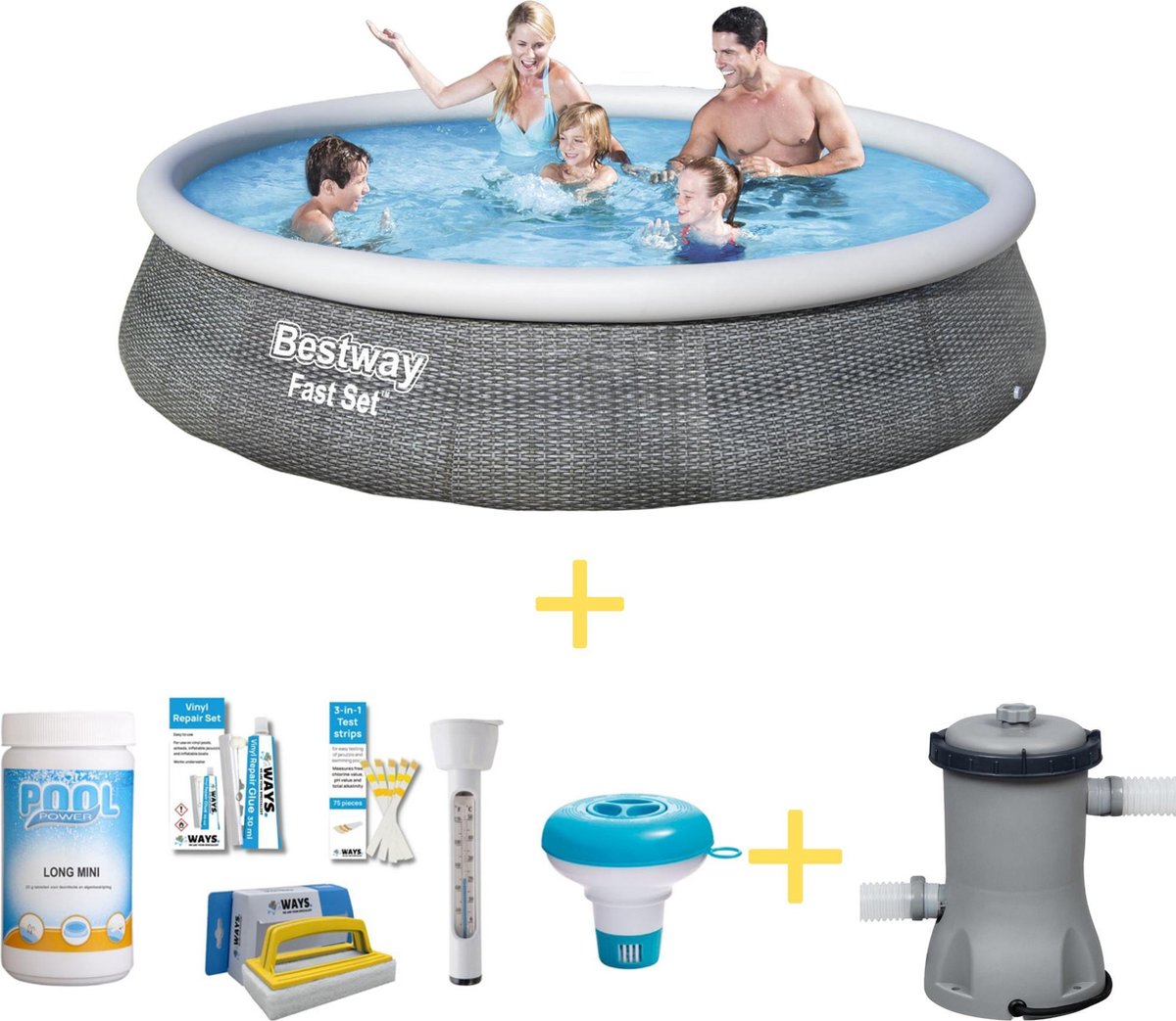 Bestway Zwembad - Fast Set - 396 X 84 Cm - Inclusief Ways Onderhoudspakket & Filterpomp - Grijs