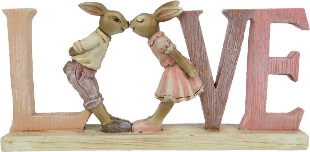 Clayre & Eef Decoratie Konijn 19*3*9 Cm Kunststof Love Decoratief Figuur Paashaas Woonaccessoires Decoratief - Roze