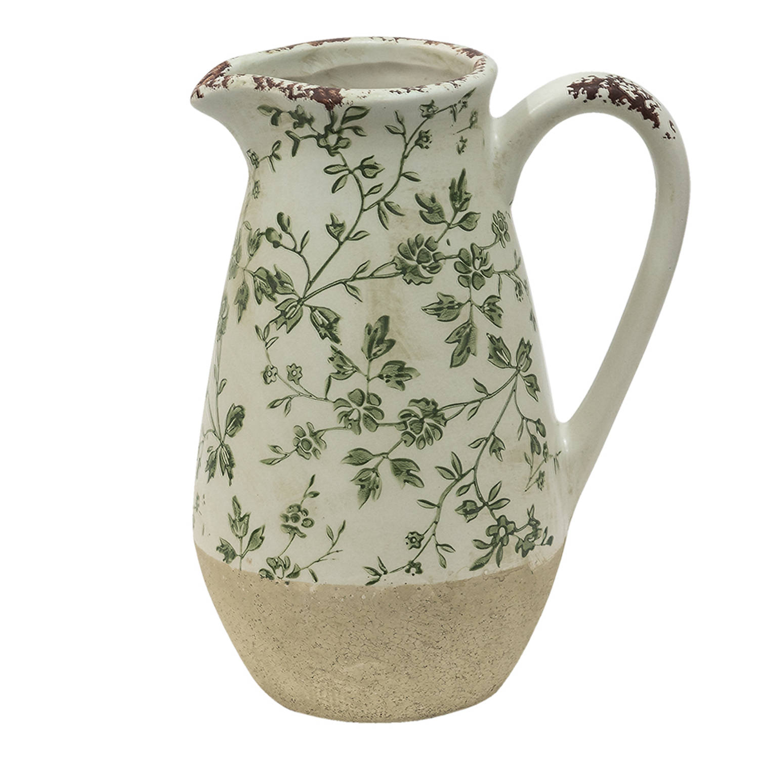 Clayre & Eef Decoratieve Kan 16*12*22 Cm Beige Keramiek Bloemetjes Waterkan Schenkkan Vaas Waterkan - Groen