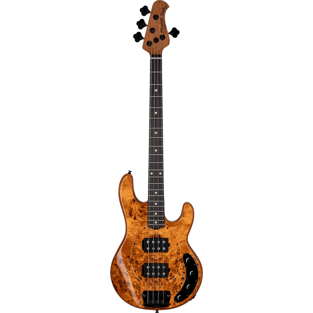 Music Man StingRay Ray34 HH Poplar Burl Amber elektrische basgitaar met deluxe gigbag