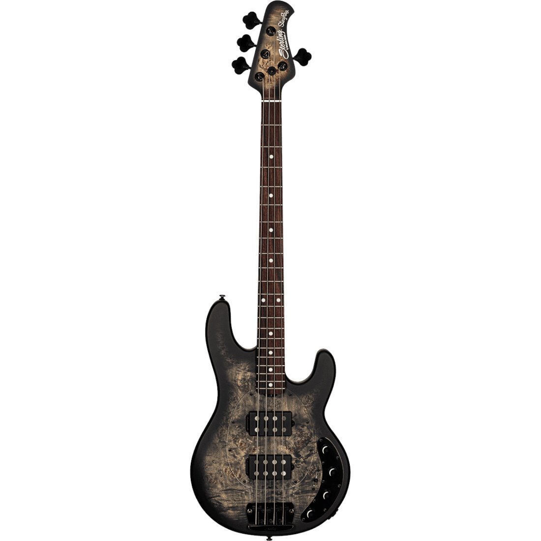 Music Man StingRay Ray34 HH Poplar Burl Trans Black Satin elektrische basgitaar met deluxe gigbag