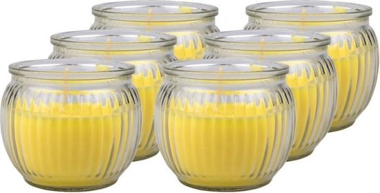 6x Gele Citronella Geurkaarsen In Glazen Houder 7 X 6 Cm - Insectenwerende Kaarsen - Citronellakaars Tegen/anti Muggen - Geel