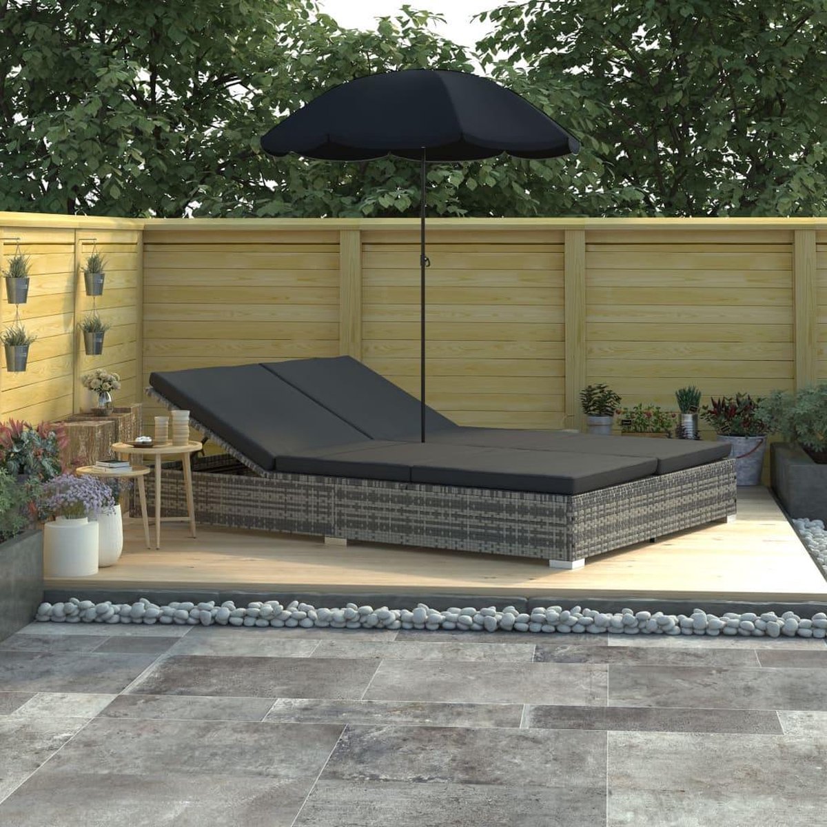 Vidaxl Loungebed Met Parasol Poly Rattan - Grijs