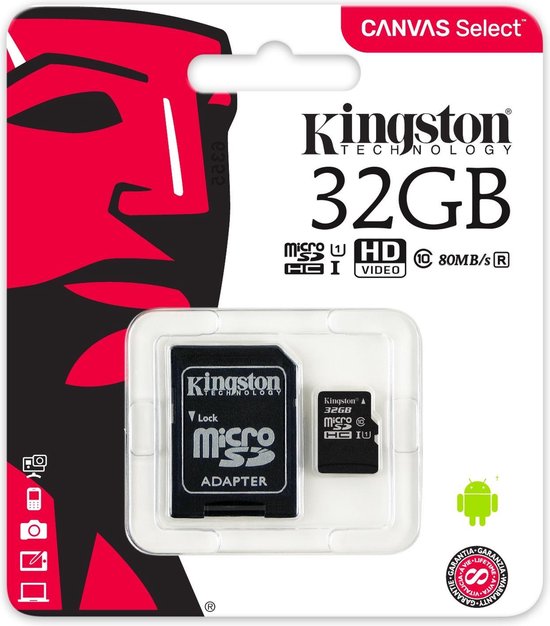 Kingston microSDHC Canvas Select Plus 32GB 100 MB/s + SD adapter - Zwart