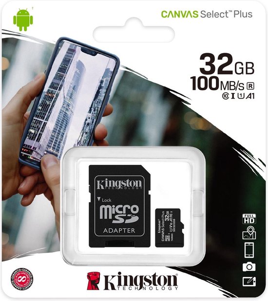 Kingston microSDHC Canvas Select Plus 32GB 100 MB/s + SD adapter - Zwart
