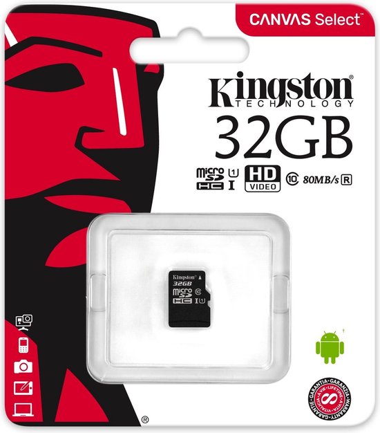 Kingston microSDHC Canvas Select Plus 32GB 100 MB/s + SD adapter - Zwart