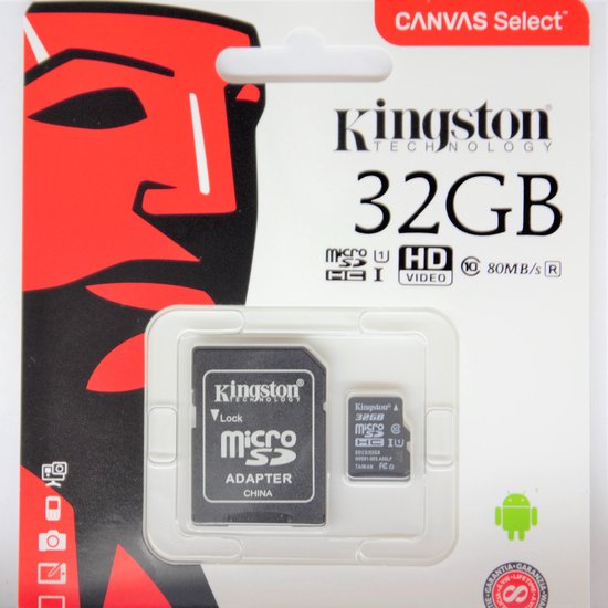 Kingston microSDHC Canvas Select Plus 32GB 100 MB/s + SD adapter - Zwart
