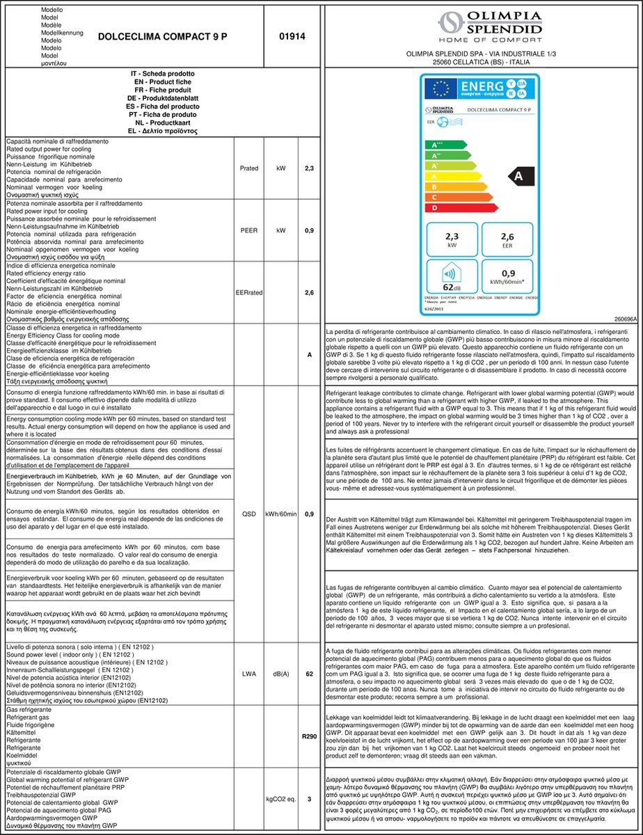 Olimpia - Aire Acondicionado Portátil Dolceclima Compact 9P Con 2.012 Frig/h Blanco