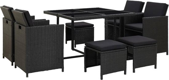 Vidaxl 9-delige Tuinset Met Kussens Poly Rattan - Zwart