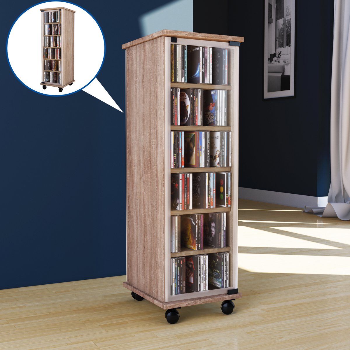 Valenza Wandkast Op Wielen 1 Glazen Deur 6 Compartimenten Sonoma Eiken Decor. - Bruin
