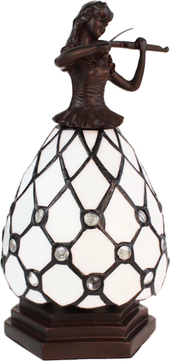 Clayre & Eef Lumilamp Tiffany Tafellamp Vrouw 12*12*25 Cm E14/max 1*25w, Bruin Kunststof, Glas Tiffany Bureaulamp Tiffany Lampen - Wit